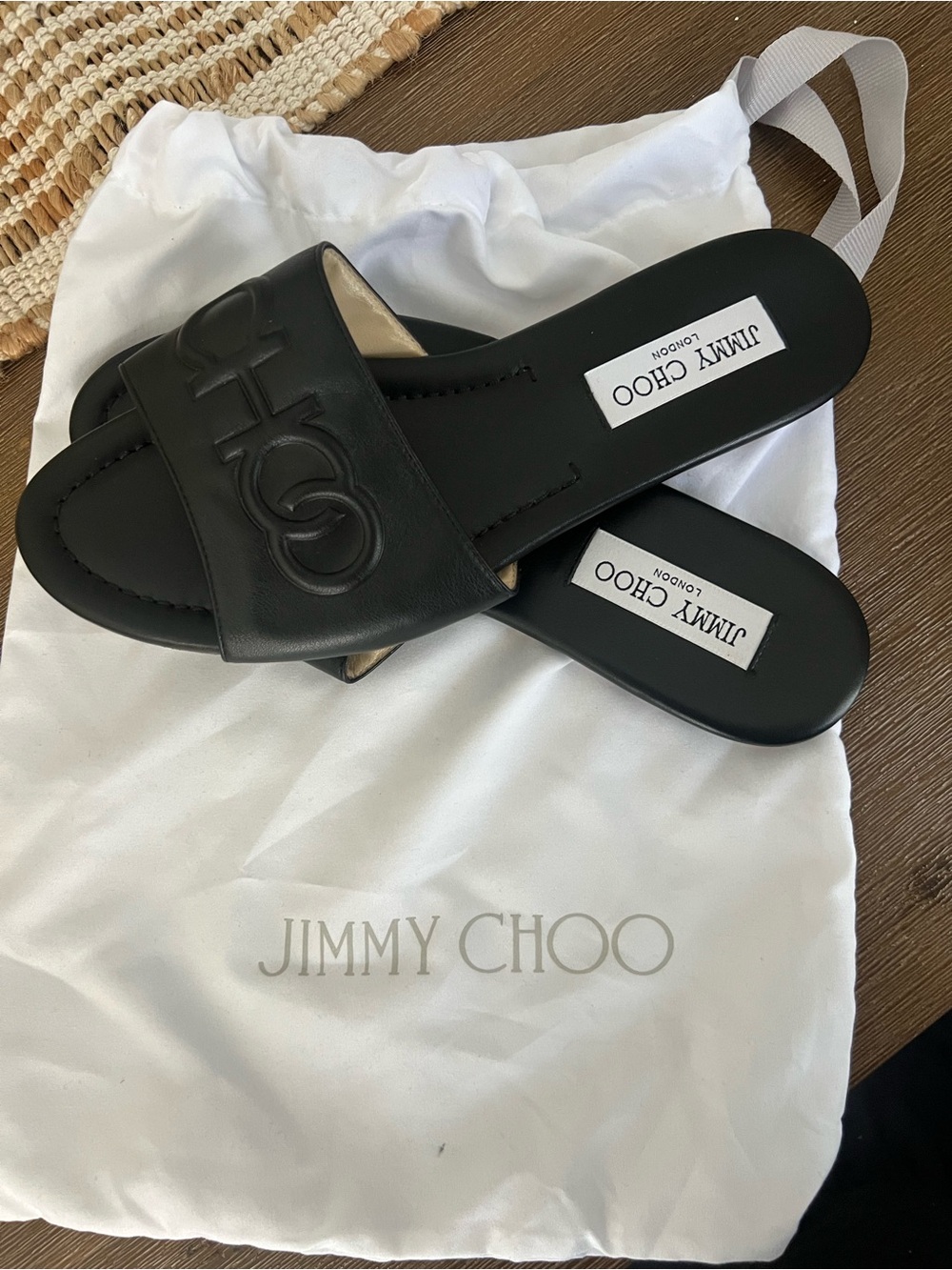 Jimmy Choo Black Leather Embossed Logo Slides